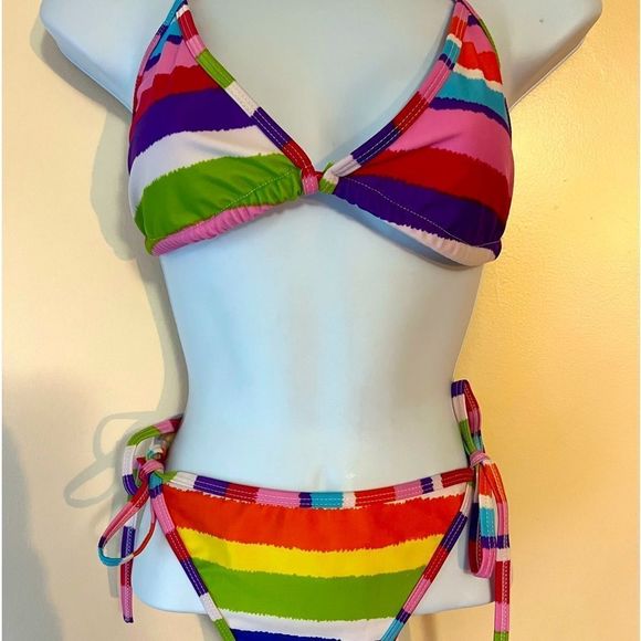 Rainbow Stripes String Bikini Sz OS - Picture 2 of 3
